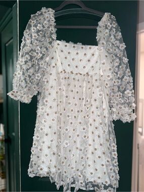 Storia White Dress with Gold-Accent Floral Appliqués